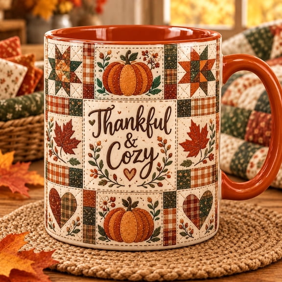 Thankful And Cozy Mug With Pumpkin Quilt Pattern For Fall