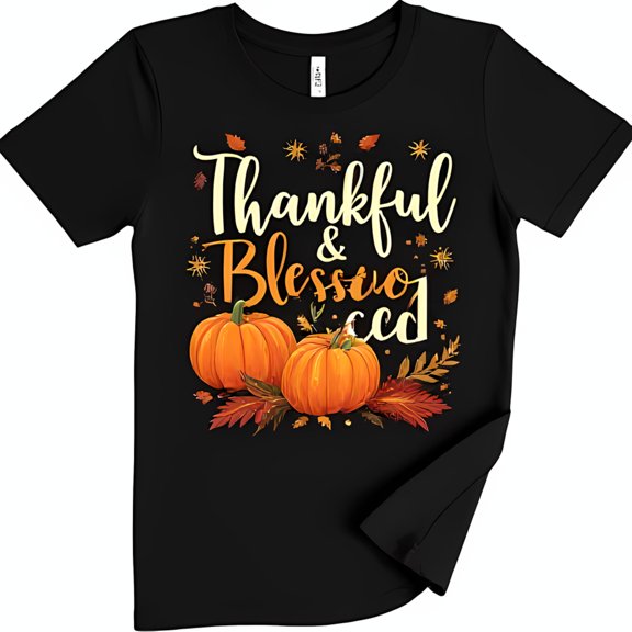 Thankful & Blessed Black T-Shirt with Pumpkin Design for Fall & Thanksgiving