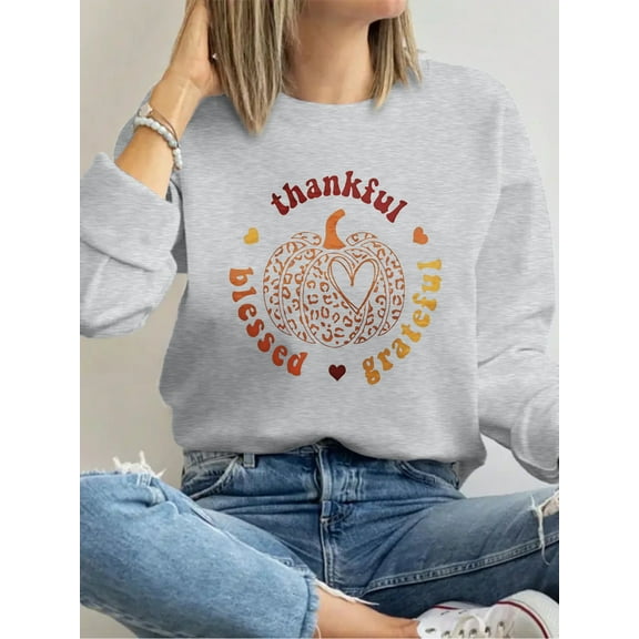 Thankful Blessed Grateful Pumpkin Print Halloween Shirt Long Sleeve Shirts For Women