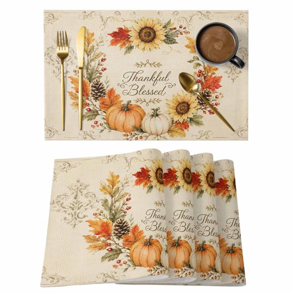 Thankful Blessed Placemats Set of 6, Thanksgiving Fall Pumpkin Sunflower Maple Leaves Werath Non-Slip Place Mats Washable Table Mats for Kitchen Dining Table Decorations Indoor/Outdoor