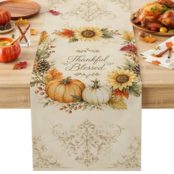 Thankful Blessed Table Runner, Thanksgiving Fall Pumpkin Sunflower Maple Leaves Werath Cotton Linen Kitchen Table Decoration Washable Dining Tabletop Runners for Home Party Decor 18x72 Inches