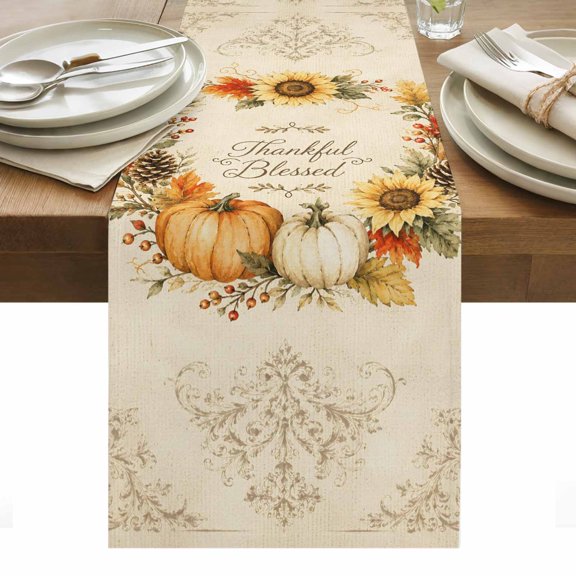 Thankful Blessed Table Runner, Thanksgiving Fall Pumpkin Sunflower Maple Leaves Werath Washable Kitchen Table Runners for Dining Table Decorations Party/Restaurant/Indoor Outdoor Use, 14x72in