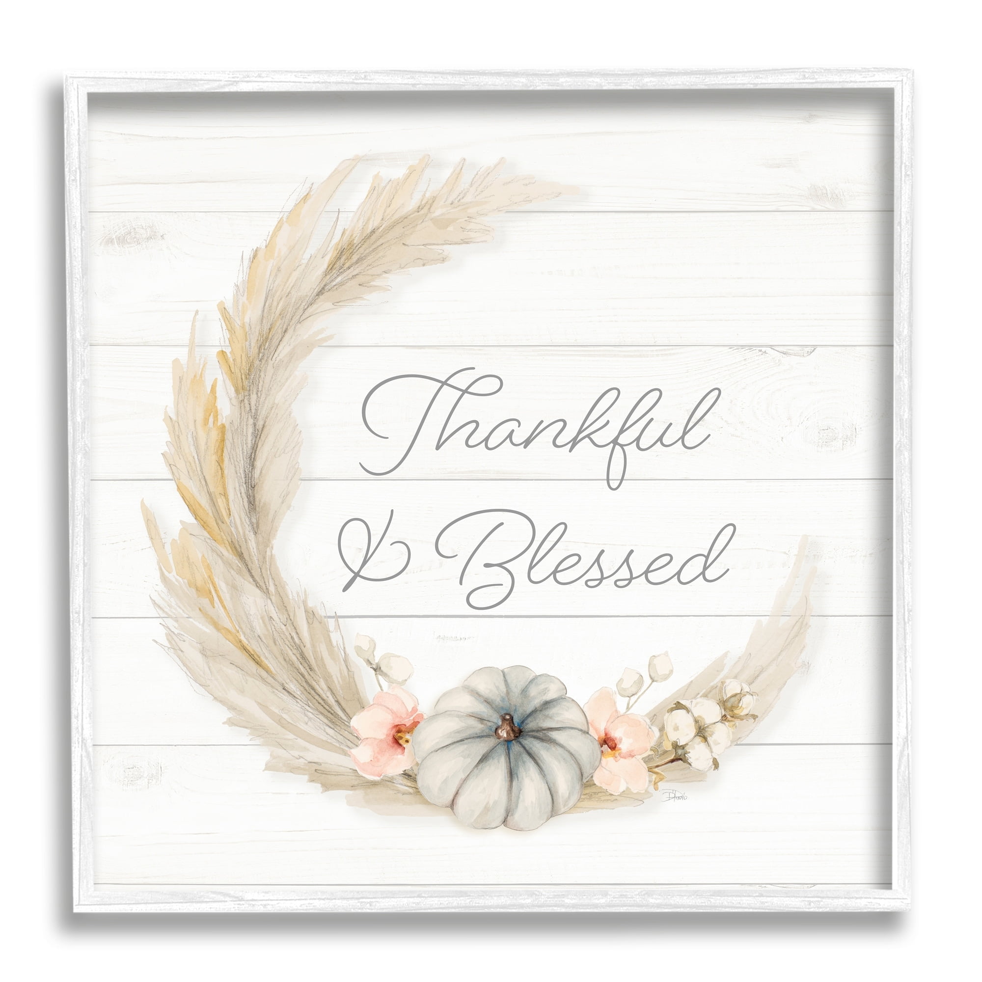 Thankful & Blessed Tender Autumnal Phrase Wreath Inspirational Graphic Art Framed Art Print Wall Art