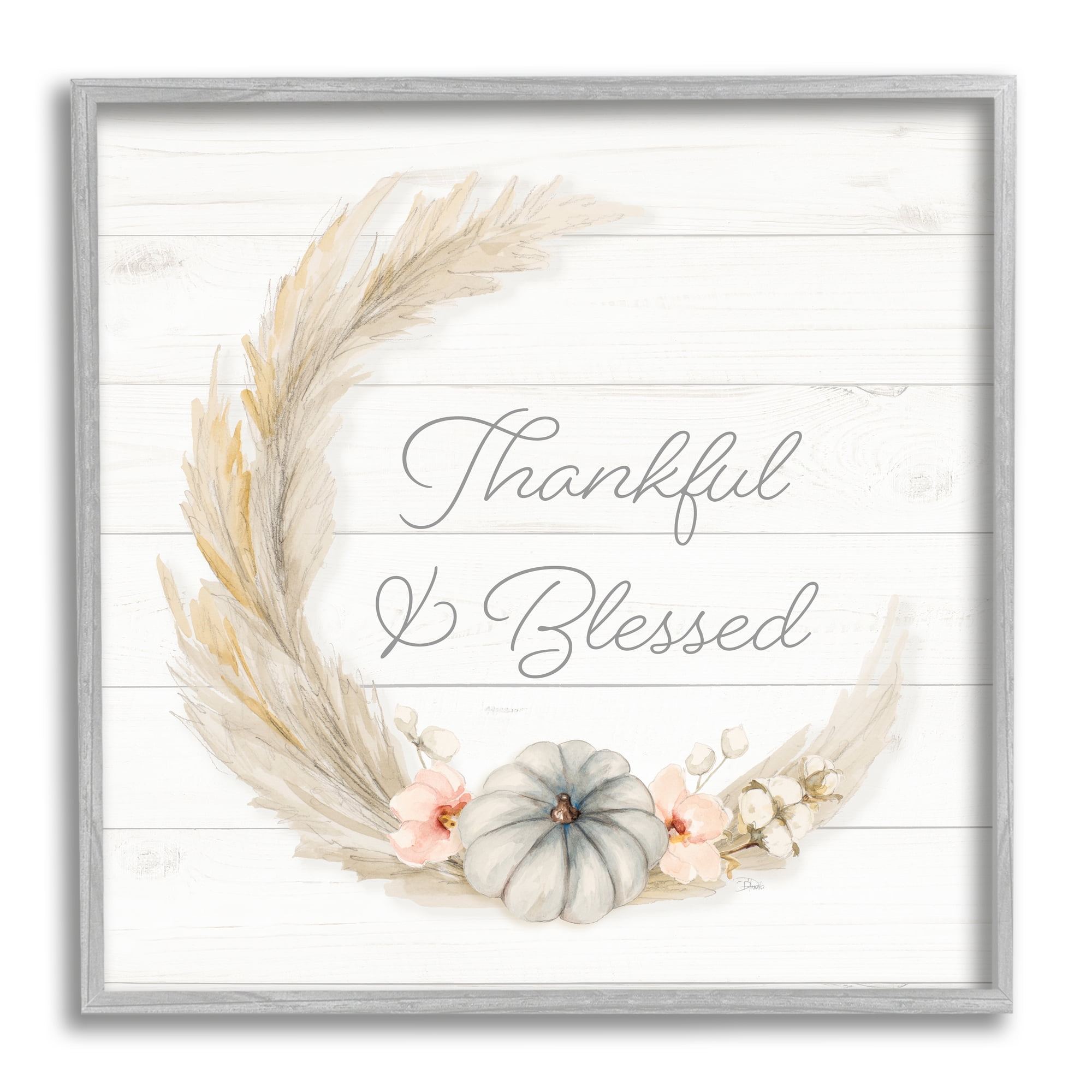 Thankful & Blessed Tender Autumnal Phrase Wreath Inspirational Graphic Art Framed Art Print Wall Art