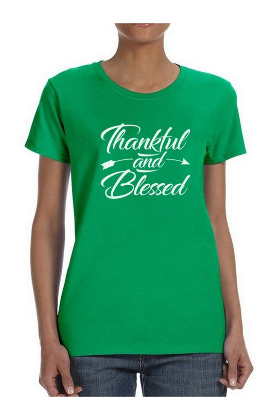 Thankful & Blessed Thanksgiving Quote Arrow Graphic Women Kelly Green T-Shirt, Female Small