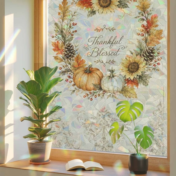 Thankful Blessed Window Privacy Film, Thanksgiving Fall Pumpkin Sunflower Maple Leaves Werath Stained Glass Rainbow Film Decorative Window Clings, Static Cling Sun Blocking Stickers 29.5" x 78.7"