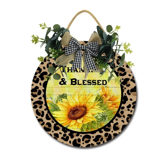 Thankful & Blessed Wooden Front Door Sign Rustic Round Wreath Wall Hanger Porch Decor Spring and Summer Farmhouse Decoration Housewarming Gift 11 Inches