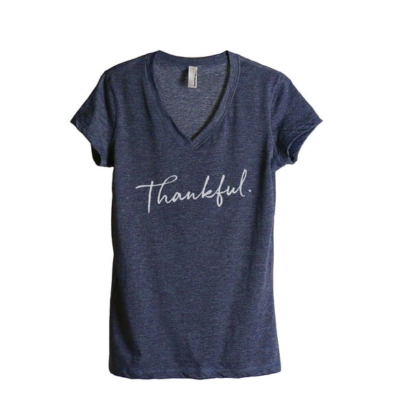 Thankful Cursive Women's Fashion Relaxed V-Neck T-Shirt Tee Heather Navy 2X-Large