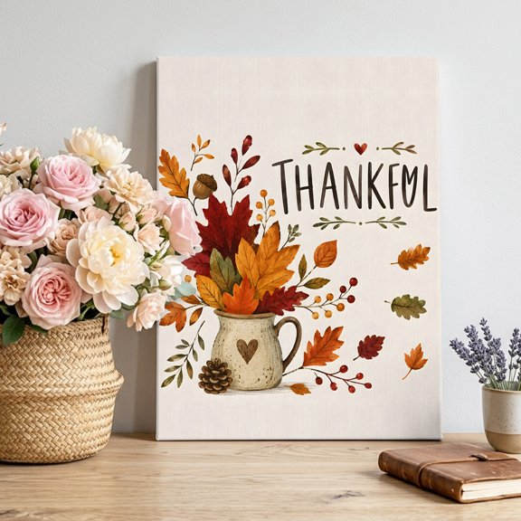 Thankful Fall Canvas Wall Art, Thanksgiving Farmhouse Red Orange Maple Leaf Berry Framed Canvas Wall Decor Picture Print Artwork Decorations for Living Room Office Ready to Hang 32" x 24"