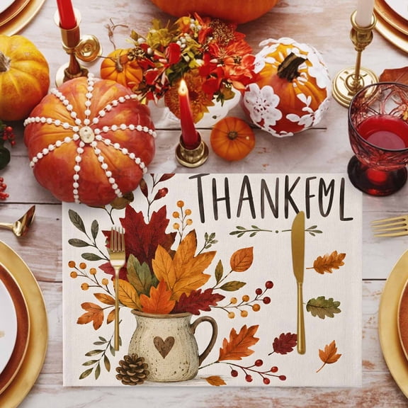 Thankful Fall Placemats Set of 12 Thanksgiving Farmhouse Red Orange Maple Leaf Berry Heat Insulation Washable Place Mats, Non-Slip Table Mats for Dining Table Party Kitchen Decor, 13x19 Inch