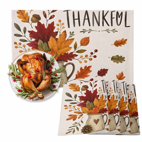 Thankful Fall Placemats Set of 8, Thanksgiving Farmhouse Red Orange Maple Leaf Berry Heat Insulated Linen Place Mats, Washable Stain-Proof Table Mats for Dining Tables Holiday Decor 13x19 Inches