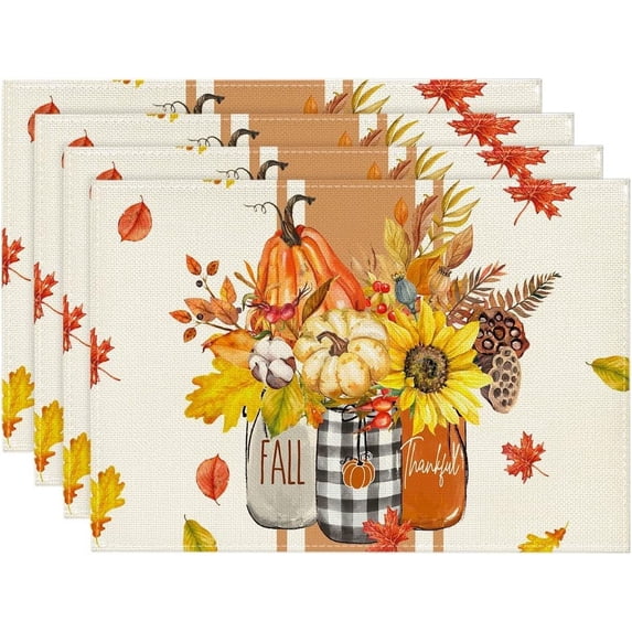 Thankful Fall Pumpkin Leaves Floral Vases Placemats Set of 4, 12x18 Inch Seasonal Autumn Table Mats for Party Kitchen Dining Decoration