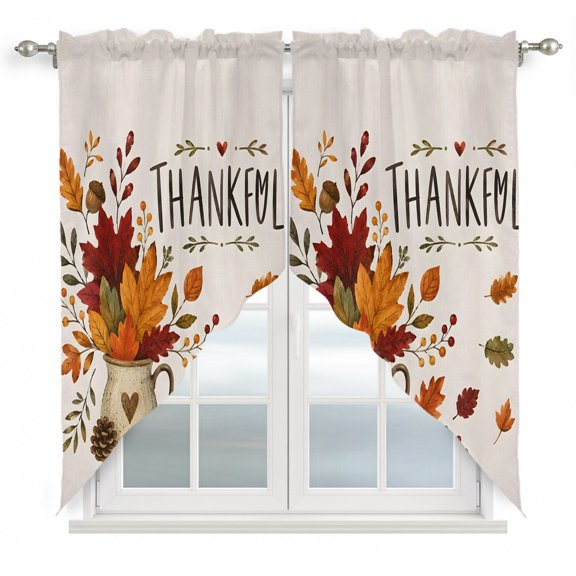 Thankful Fall Swag Curtain Valance for Windows, Thanksgiving Farmhouse Red Orange Maple Leaf Berry Window Treatments Short Swag Topper for Kitchen Windows Bathroom Bedroom, 36"x63"