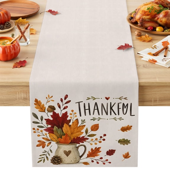 Thankful Fall Table Runner 18x72 Inch Thanksgiving Farmhouse Red Orange Maple Leaf Berry Cotton Linen Dining Table Runner Ideal for Dresser Kitchen Coffee Tables - Machine Washable