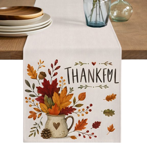 Thankful Fall Table Runner, Thanksgiving Farmhouse Red Orange Maple Leaf Berry Cotton Linen Table Cloth, Tablerunner for Kitchen Dining Party Wedding Home Decor 14x72 Inch