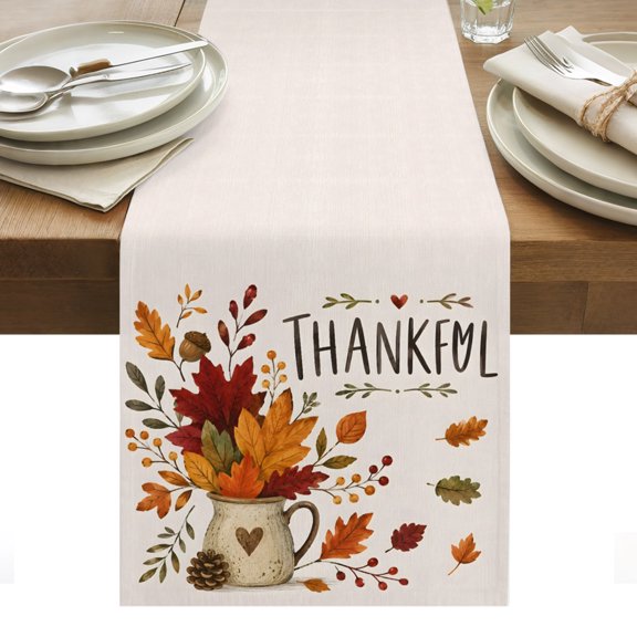 Thankful Fall Table Runner, Thanksgiving Farmhouse Red Orange Maple Leaf Berry Washable Kitchen Table Runners Dress Scarves for Dining Table Decorations Party/Restaurant/Indoor Outdoor Use, 13x60in