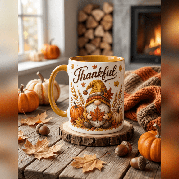 Thankful Gnome Ceramic Coffee Mug, Thanksgiving Host Gift