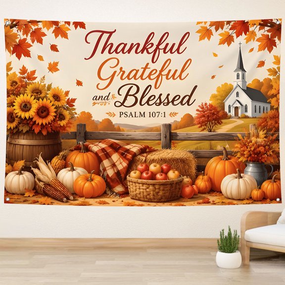 Thankful Grateful Blessed Backdrop Fall Pumpkin Thanksgiving Day Background Autumn Sunflower Maple Leaves Harvest Friendsgiving Party Decorations Banner Supplies Photo Booth Props