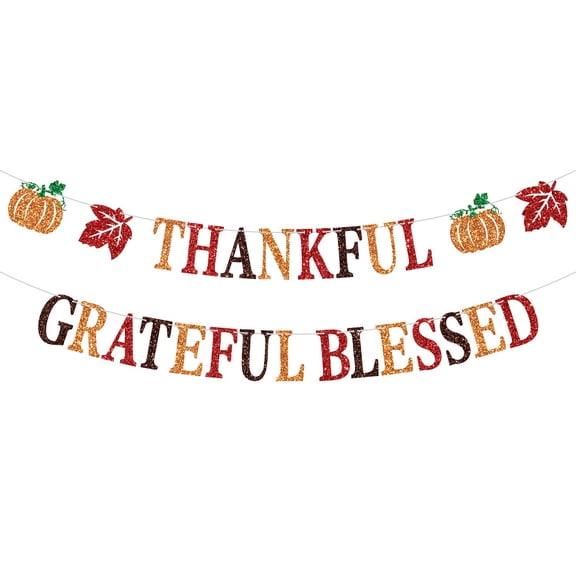 Thankful Grateful Blessed Banner, Thanksgiving Day Sign, Give Thanks/Happy Turkey Day, Fall Autumn Happy Thanksgiving Party Decorations