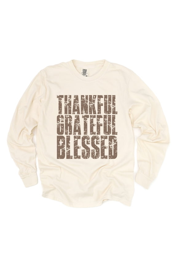 Thankful Grateful Blessed Block Distressed - Women's Garment Dyed Long Sleeve Graphic T-Shirt