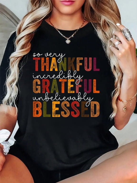Thankful Grateful Blessed Happy Thanksgiving Day FunnyCrew Neck Graphic Tee Cotton Lightweight T-Shirt