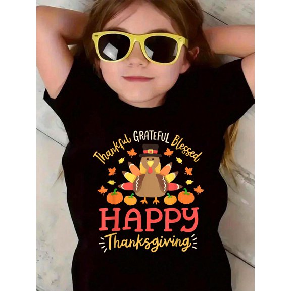Thankful Grateful Blessed Happy Thanksgiving Turkey Gobble KidsCotton Soft Graphic Tee Breathable Party Dress T-Shirt