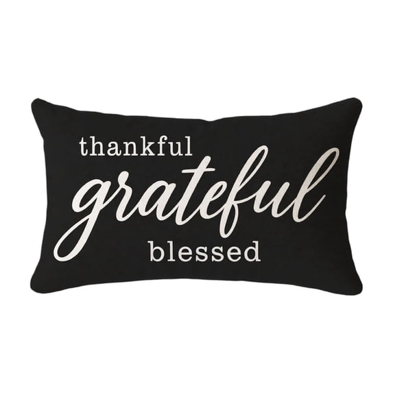 Thankful Grateful Blessed Lumbar Throw Pillow Cover 19x12 In, Black Linen Fall Thanksgiving Rectangular Decorative Cushion Case with Hidden Zipper for Sofa Porch Bench Home Autumn Decor