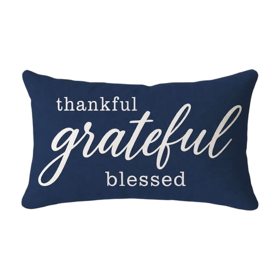 Thankful Grateful Blessed Lumbar Throw Pillow Cover 19x12 In, Blue Linen Fall Thanksgiving Rectangular Decorative Cushion Case with Hidden Zipper for Sofa Porch Bench Home Autumn Decor
