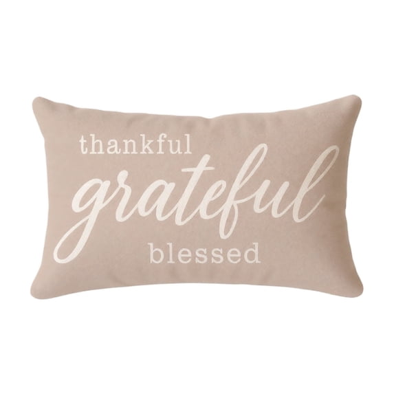 Thankful Grateful Blessed Lumbar Throw Pillow Cover 19x12 In, Light Brown Linen Fall Thanksgiving Rectangular Decorative Cushion Case with Hidden Zipper for Sofa Porch Bench Home Autumn Decor