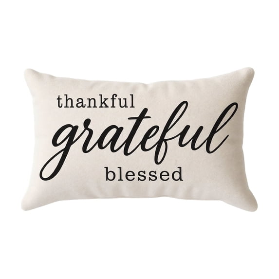 Thankful Grateful Blessed Lumbar Throw Pillow Cover 19x12 In, White Linen Fall Thanksgiving Rectangular Decorative Cushion Case with Hidden Zipper for Sofa Porch Bench Home Autumn Decor