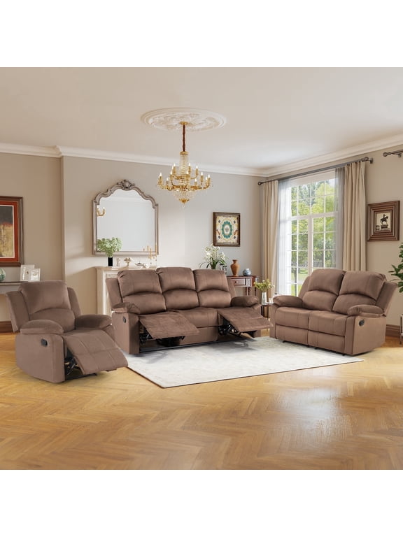 Manual Recliner Sofa Set — 3-Piece Microfiber Reclining Couch Set (1 Recliner, Loveseat & 3-Seat Sofa), Brown