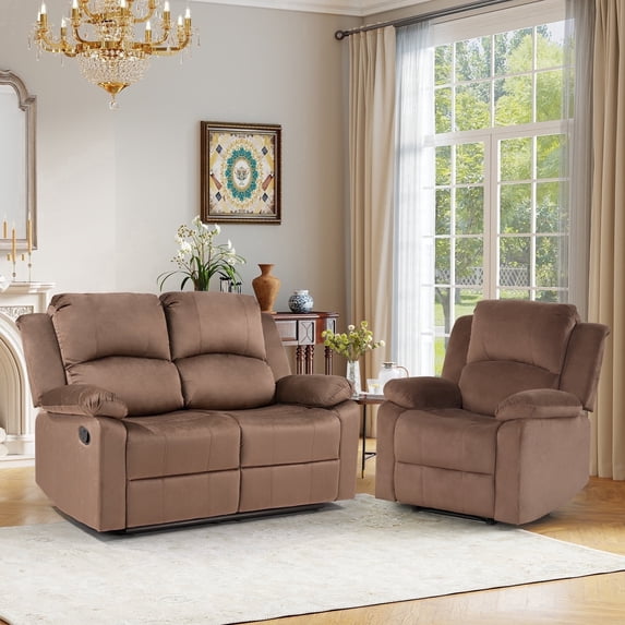 Bonzy Home Manual Reclining Couch Set — Recliner & Loveseat, Sofa Set for Living Room & Office, Brown