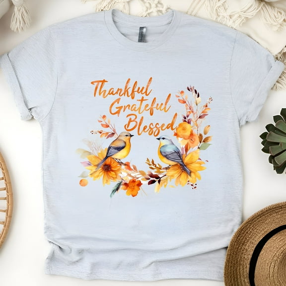 Thankful Grateful Blessed T-Shirt | Fall Birds and Floral Graphic Tee, Ash, Size M