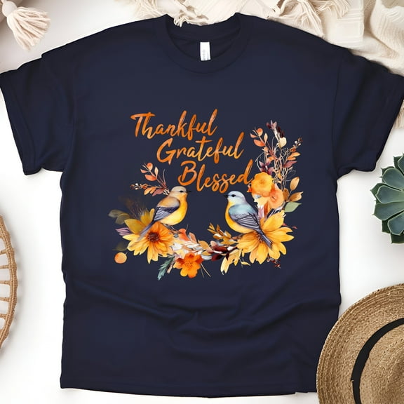 Thankful Grateful Blessed T-Shirt | Fall Birds and Floral Graphic Tee, Navy, Size S