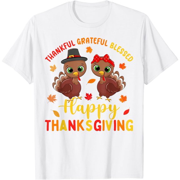 Thankful Grateful Blessed Thanksgiving Turkey Women Girls T-Shirt,Top Tees,Whiet