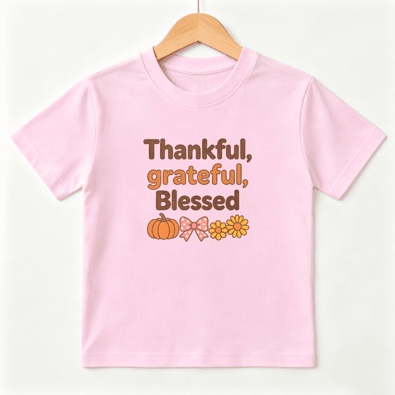 Thankful Grateful Girls Graphic Tee, Cute Thanksgiving Pumpkin 100% Cotton Kids Short Sleeve T-Shirt