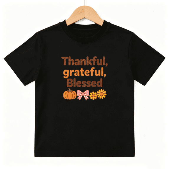 Thankful Grateful Girls Graphic Tee, Cute Thanksgiving Pumpkin 100% Cotton Kids Short Sleeve T-Shirt