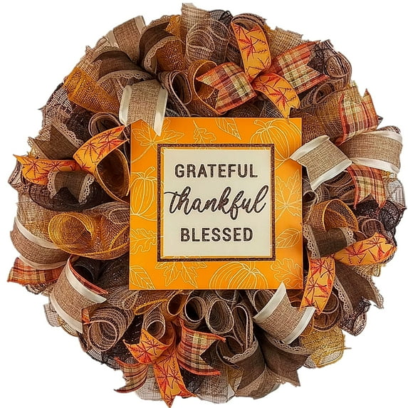 Thankful Grateful Wreath - Blessed Thanksgiving Deco Mesh Front Door Wreath - Brown Orange Mustard Yellow Plaid Leaves