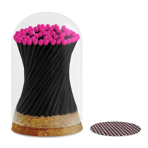 Decorative Matches Large Dome Glass Jar 4" BSPT Long Matches (150 Matchsticks) plus Cork Top Glass Holder plus Striker Stickers Gifts, Dcor & Candle Accessories by Thankful Greetings