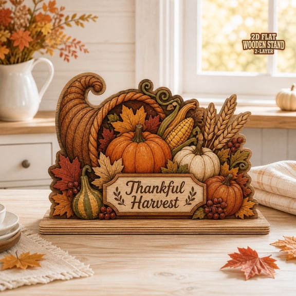 Thankful Harvest Wooden Block Decor Thanksgiving Cornucopia