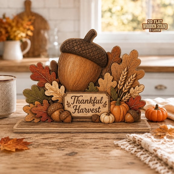 Thankful Harvest Wooden Block Decor With Acorn and Oak Leaves
