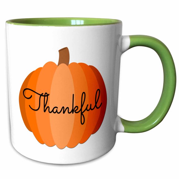 3drose, Thankful in Cursive Black Lettering on a Pumpkin on White Background., 15oz Two-tone Green Mug