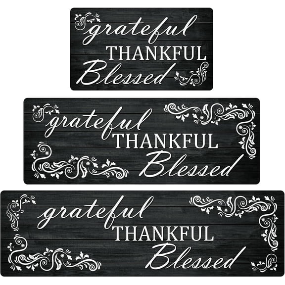 Thankful Kitchen Mats for Floor, 3 Pieces Non Slip Cushioned Kitchen Runner Rugs with Grid Design, Waterproof Comfort Mat Farmhouse Chef Runners Carpet for Sink, Bathroom
