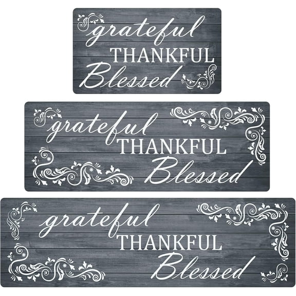Thankful Kitchen Mats for Floor, 3 Pieces Non Slip Cushioned Kitchen Runner Rugs with Grid Design, Waterproof Comfort Mat Farmhouse Chef Runners Carpet for Sink, Bathroom