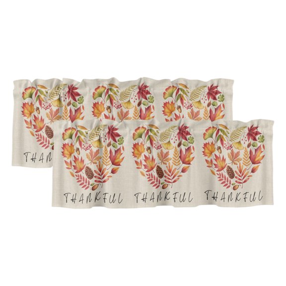 Thankful Leaf Love 2 Panels Kitchen Valance, Thanksgiving Rustic Maple Leaves Fruit Plant Linen Texture Curtains Valances for Small Windows Rod Pocket Window Treatments for Living Bedroom 42"W x 12"L