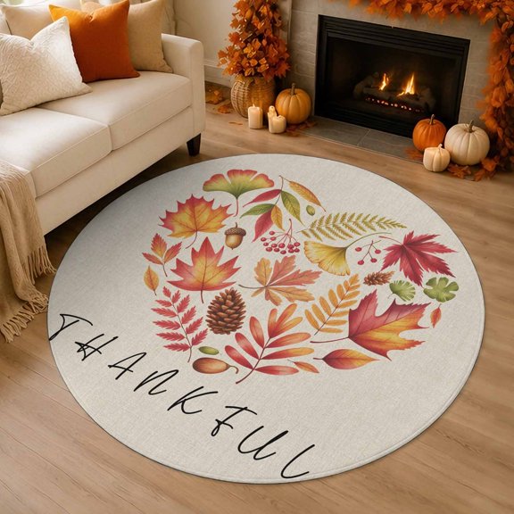 Thankful Leaf Love 4' Round Rugs for Cozy Reading Nook Home Office Chair Area, Thanksgiving Rustic Maple Leaves Fruit Plant Linen Texture Washable Stain Proof Non Slip Circle Area Rug Home Soft Mats