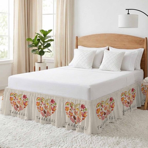 Thankful Leaf Love Bed Skirt California King Size 18 In Drop, Thanksgiving Rustic Maple Leaves Fruit Plant Linen Texture Adjustable Elastic Ruffles Bedskirt Wrap Around Pleated Mattress Frame Cover