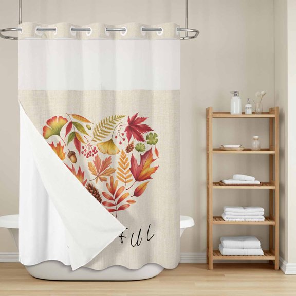 Thankful Leaf Love No Hook Shower Curtain with Snap in Liner, Thanksgiving Rustic Maple Leaf Fruit Plant Linen Texture Waterproof Shower Curtains with See Through Top Window Liner for Bath 72x96 Inch