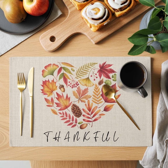 Thankful Leaf Love Placemats Set of 1, Thanksgiving Rustic Maple Leaf Fruit Plant Linen Texture Heat Insulated Linen Place Mats Washable Stain-Proof Table Mats for Dining Tables Holiday 13x19 Inch