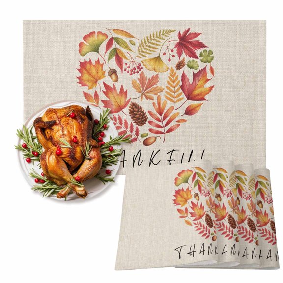 Thankful Leaf Love Placemats Set of 2 Thanksgiving Rustic Maple Leaves Fruit Plant Linen Texture Heat Insulation Non-Slip Place Mats Washable Table Mats for Dining room Party Kitchen 13x19 Inch